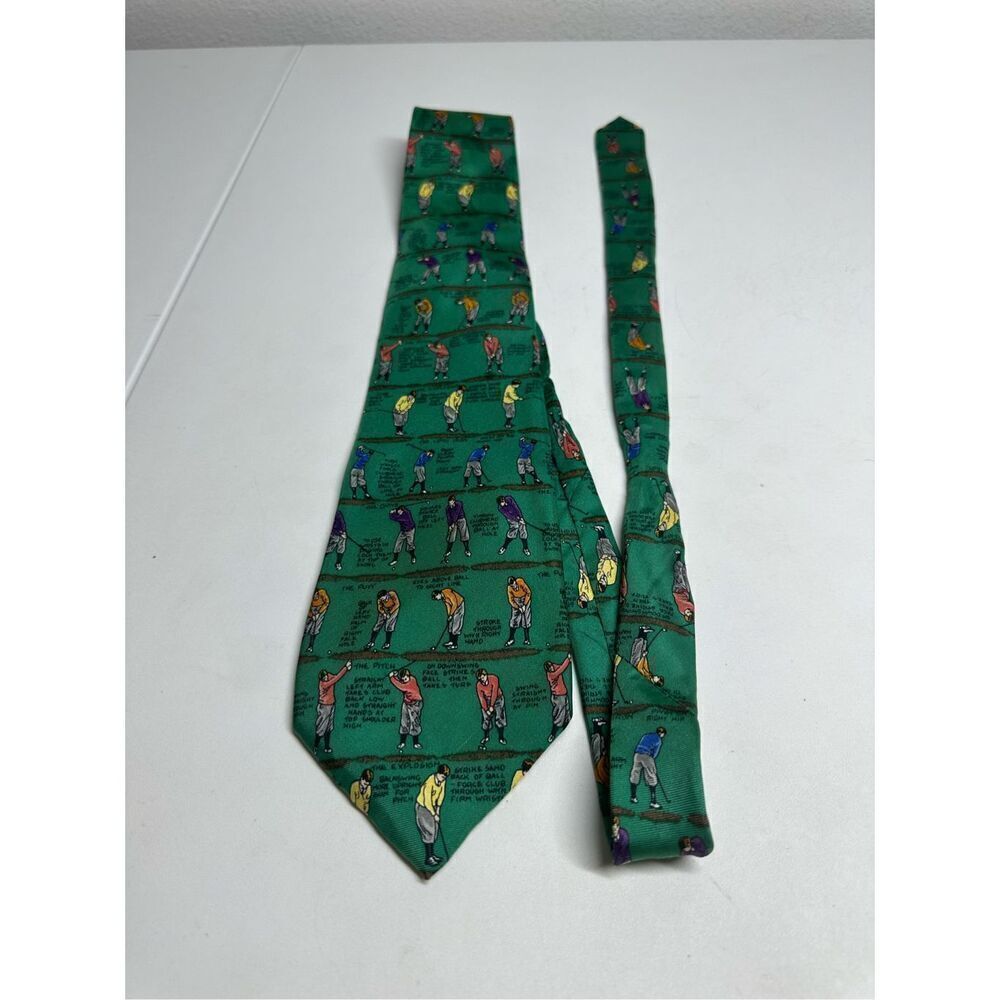 Rare ALYNN Neckwear Mens Necktie 57" Green 100% Silk The Golf Lesson MADE IN USA